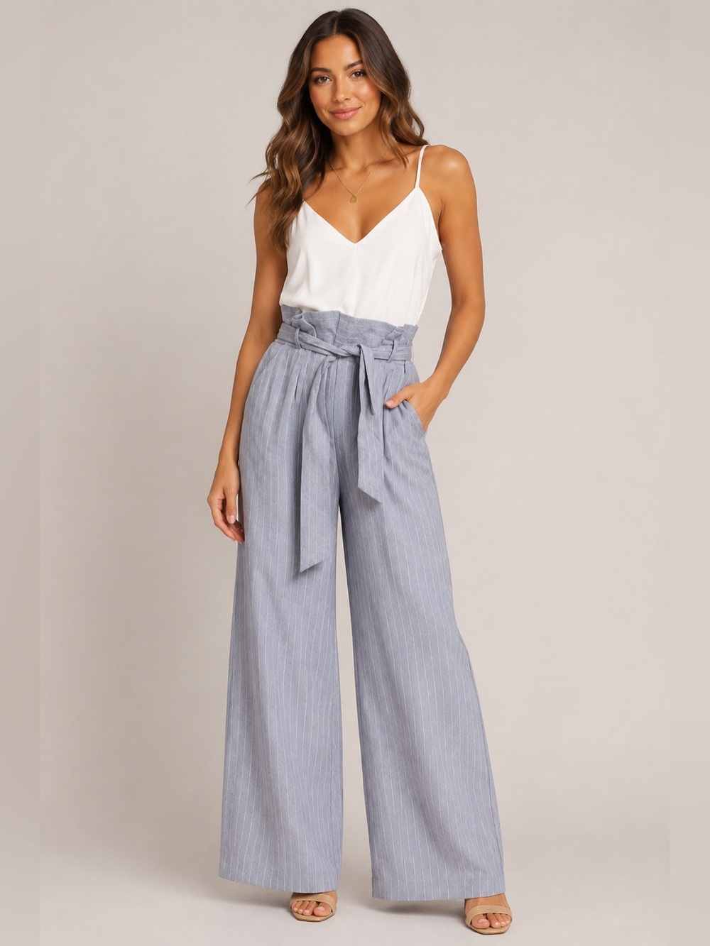 NWT Shop17 Women’s Jumpsuit Size L White Gray Pinstripe Wide Leg Belted 1102